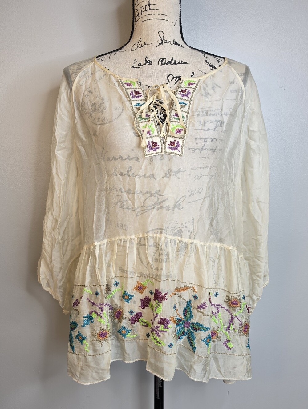 John Mark Cream Boho Peasant Tunic with Multicolor Embroidery Silk Blend Sz L
